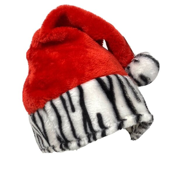 Red Santa Zebra Print Trim Plush Cap Novelty Christmas Party Hat - Picture 1 of 4